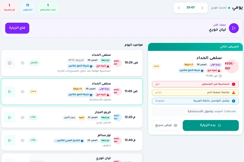 واجهة «يومي» في Clinic Tek لتنظيم المواعيد والاطلاع على تفاصيل الزيارة التالية.