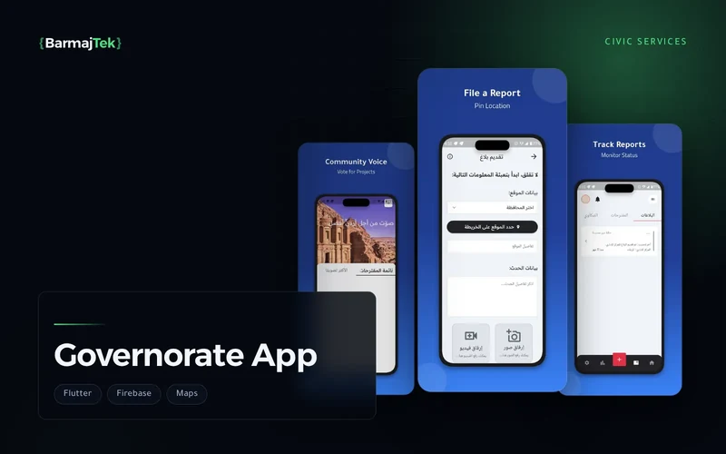 Three Governorate App screens: filing a report with a map location and photos or video, following reports and complaints, and proposals open for a vote.