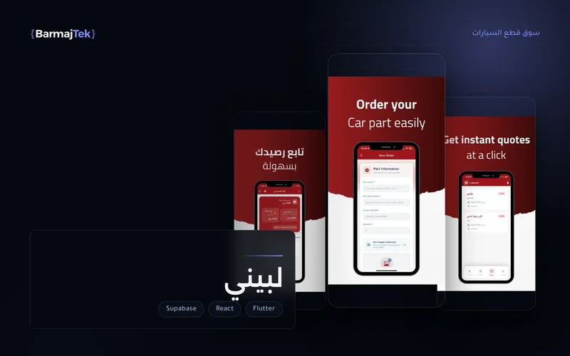 ثلاث شاشات من تطبيق لبيني: طلب قطعة باسمها ووصفها ورقم الهيكل، وعروض الأسعار من متاجر القطع، ورصيد الحساب.