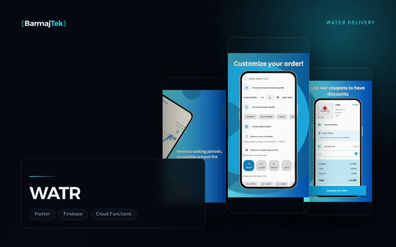 Three WATR app screens: ordering a water tank by quantity, type and time, checkout and payment, and delivery tracking on a map.